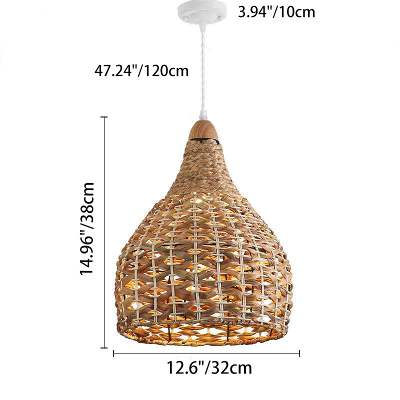 Traditional Farmhouse Weaving Rattan Iron Cylinder Oval Conic Round 1-Light Pendant Light For Dining Room