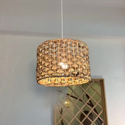 Traditional Farmhouse Weaving Rattan Iron Cylinder Oval Conic Round 1-Light Pendant Light For Dining Room