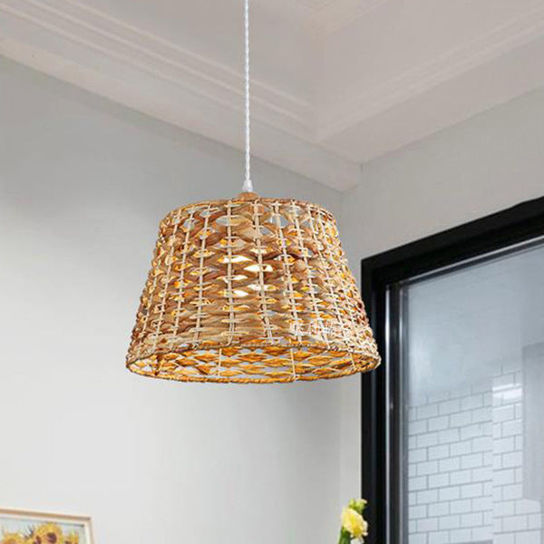 Traditional Farmhouse Weaving Rattan Iron Cylinder Oval Conic Round 1-Light Pendant Light For Dining Room