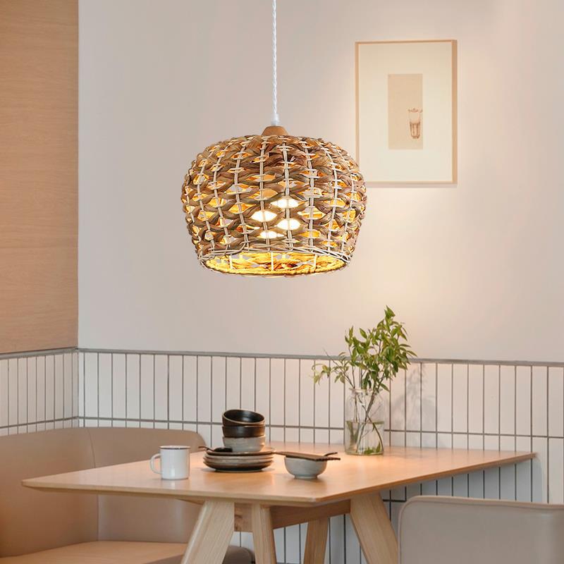 Traditional Farmhouse Weaving Rattan Iron Cylinder Oval Conic Round 1-Light Pendant Light For Dining Room