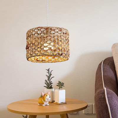 Traditional Farmhouse Weaving Rattan Iron Cylinder Oval Conic Round 1-Light Pendant Light For Dining Room