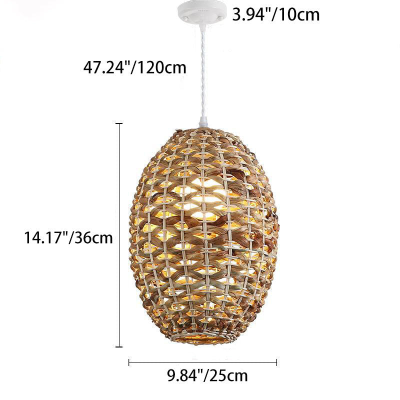 Traditional Farmhouse Weaving Rattan Iron Cylinder Oval Conic Round 1-Light Pendant Light For Dining Room