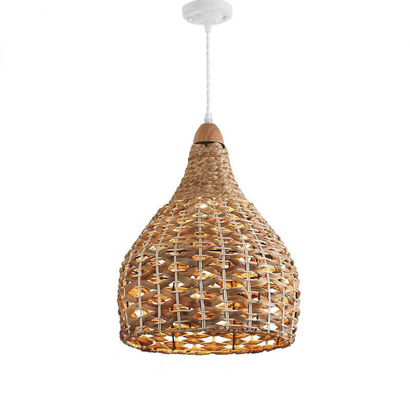 Traditional Farmhouse Weaving Rattan Iron Cylinder Oval Conic Round 1-Light Pendant Light For Dining Room