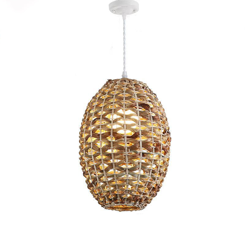 Traditional Farmhouse Weaving Rattan Iron Cylinder Oval Conic Round 1-Light Pendant Light For Dining Room