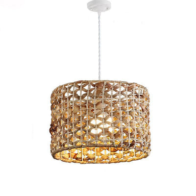 Traditional Farmhouse Weaving Rattan Iron Cylinder Oval Conic Round 1-Light Pendant Light For Dining Room