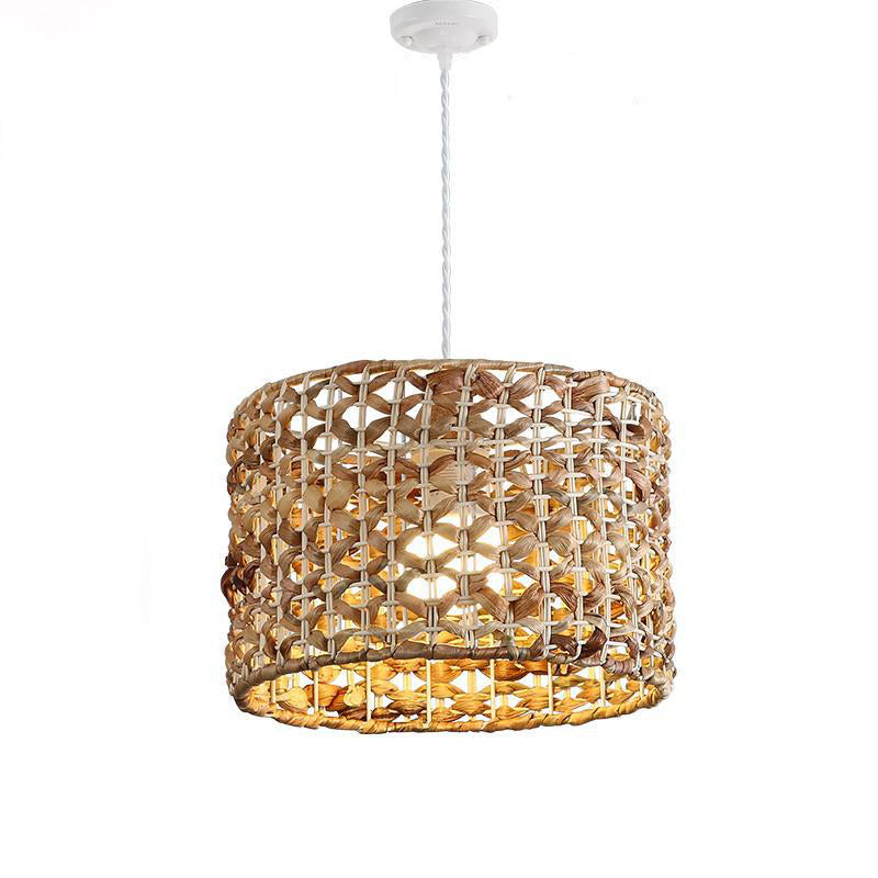 Traditional Farmhouse Weaving Rattan Iron Cylinder Oval Conic Round 1-Light Pendant Light For Dining Room