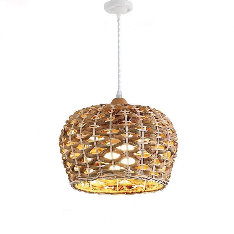 Traditional Farmhouse Weaving Rattan Iron Cylinder Oval Conic Round 1-Light Pendant Light For Dining Room