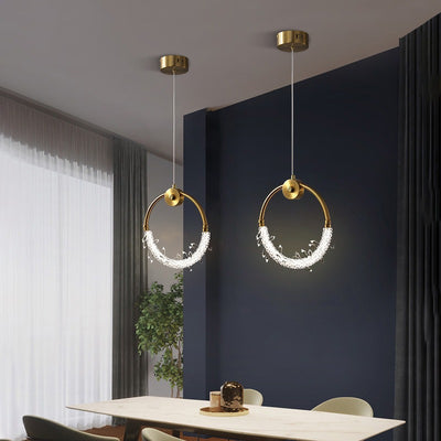 Modern Luxury Crystal Iron Circle Ice Crystal LED Pendant Light For Bedside