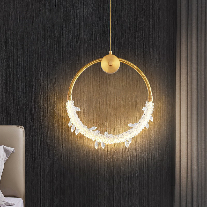 Modern Luxury Crystal Iron Circle Ice Crystal LED Pendant Light For Bedside