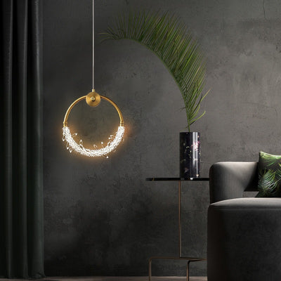 Modern Luxury Crystal Iron Circle Ice Crystal LED Pendant Light For Bedside