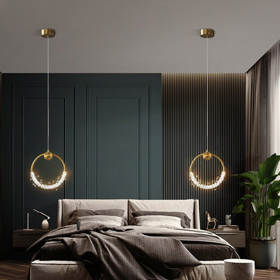 Modern Luxury Crystal Iron Circle Ice Crystal LED Pendant Light For Bedside