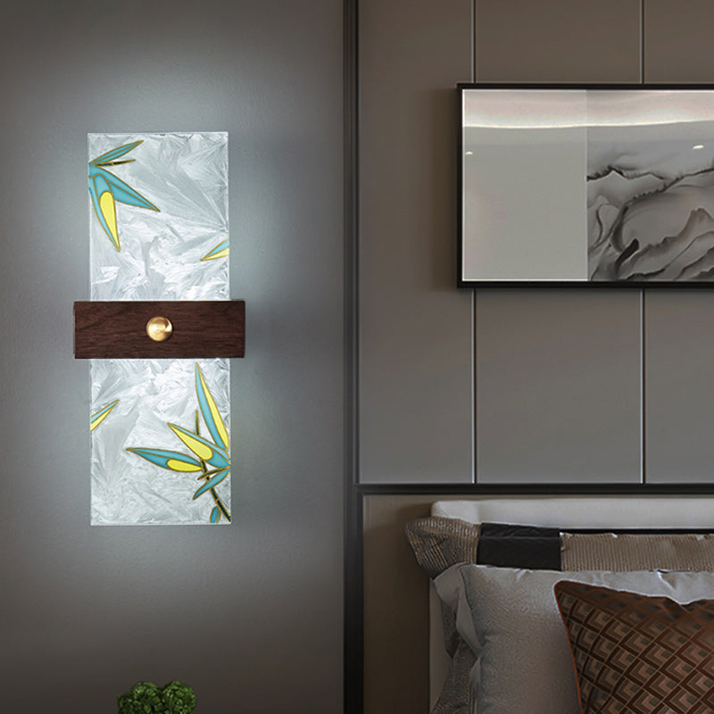 Lámpara de Aplique de Pared LED de Nogal Chino Tradicional de Cobre PVC Esmalte Pintura Rectangular Árbol de Hojas y Olas para el Lado de la Cama 