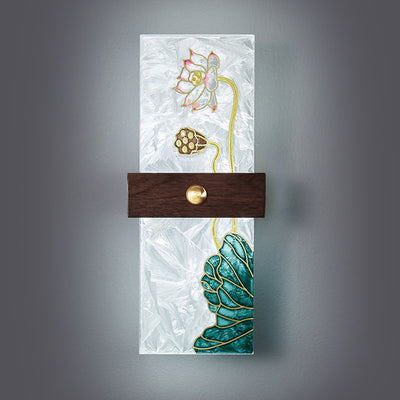 Lámpara de Aplique de Pared LED de Nogal Chino Tradicional de Cobre PVC Esmalte Pintura Rectangular Árbol de Hojas y Olas para el Lado de la Cama 