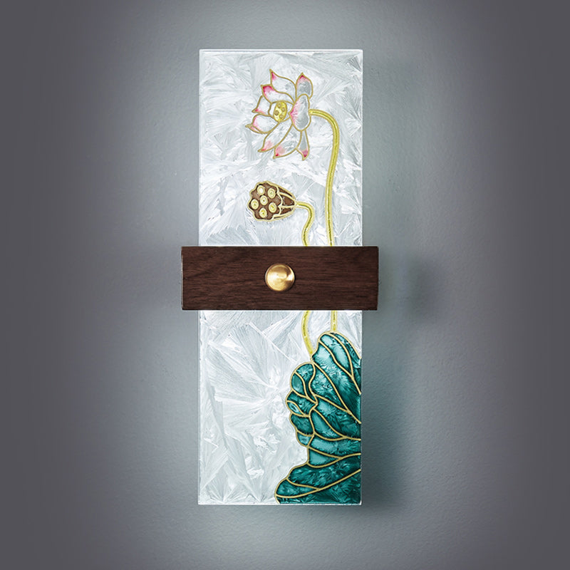 Lámpara de Aplique de Pared LED de Nogal Chino Tradicional de Cobre PVC Esmalte Pintura Rectangular Árbol de Hojas y Olas para el Lado de la Cama 