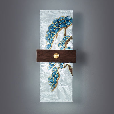 Lámpara de Aplique de Pared LED de Nogal Chino Tradicional de Cobre PVC Esmalte Pintura Rectangular Árbol de Hojas y Olas para el Lado de la Cama 