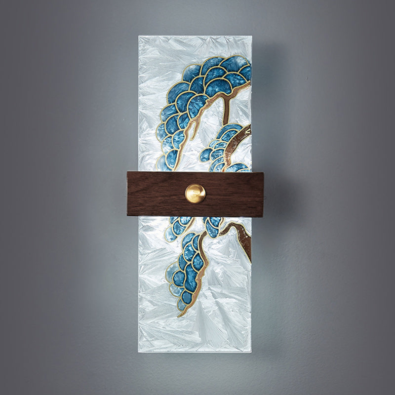 Lámpara de Aplique de Pared LED de Nogal Chino Tradicional de Cobre PVC Esmalte Pintura Rectangular Árbol de Hojas y Olas para el Lado de la Cama 