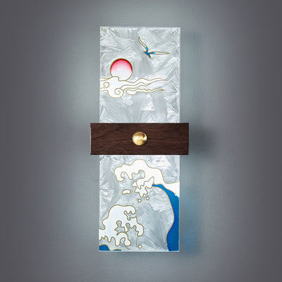 Lámpara de Aplique de Pared LED de Nogal Chino Tradicional de Cobre PVC Esmalte Pintura Rectangular Árbol de Hojas y Olas para el Lado de la Cama 