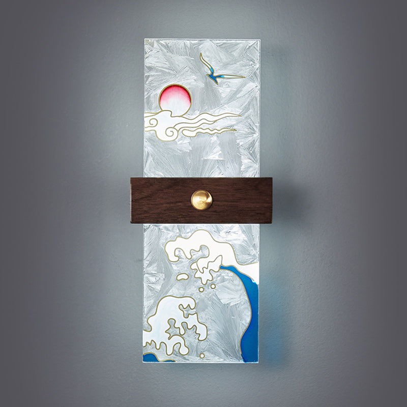 Lámpara de Aplique de Pared LED de Nogal Chino Tradicional de Cobre PVC Esmalte Pintura Rectangular Árbol de Hojas y Olas para el Lado de la Cama 
