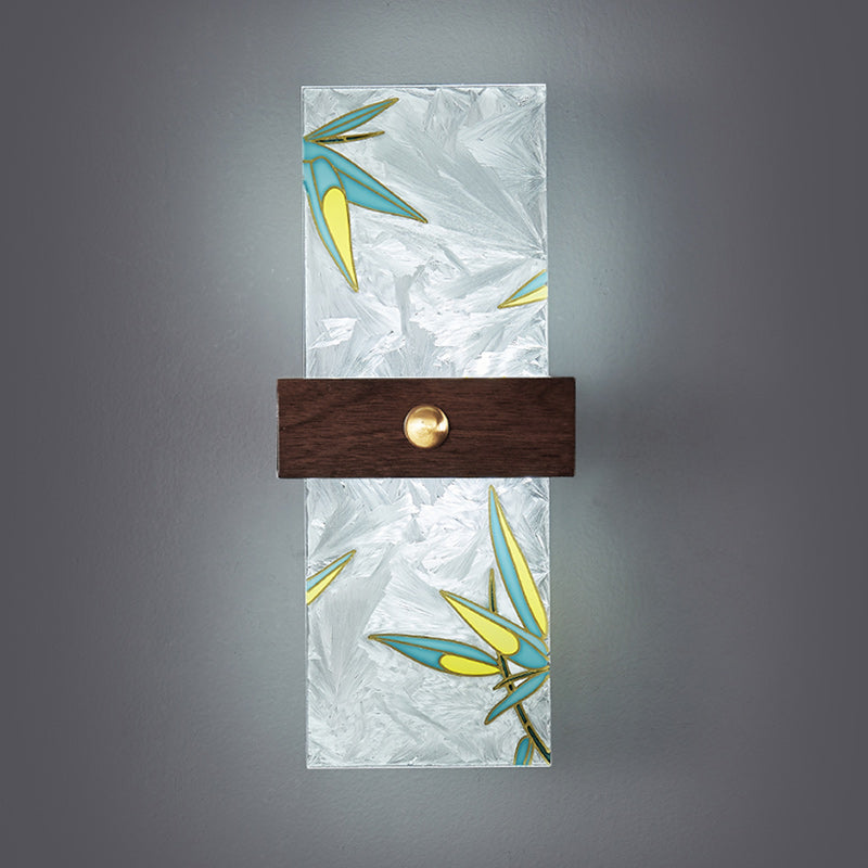 Lámpara de Aplique de Pared LED de Nogal Chino Tradicional de Cobre PVC Esmalte Pintura Rectangular Árbol de Hojas y Olas para el Lado de la Cama 