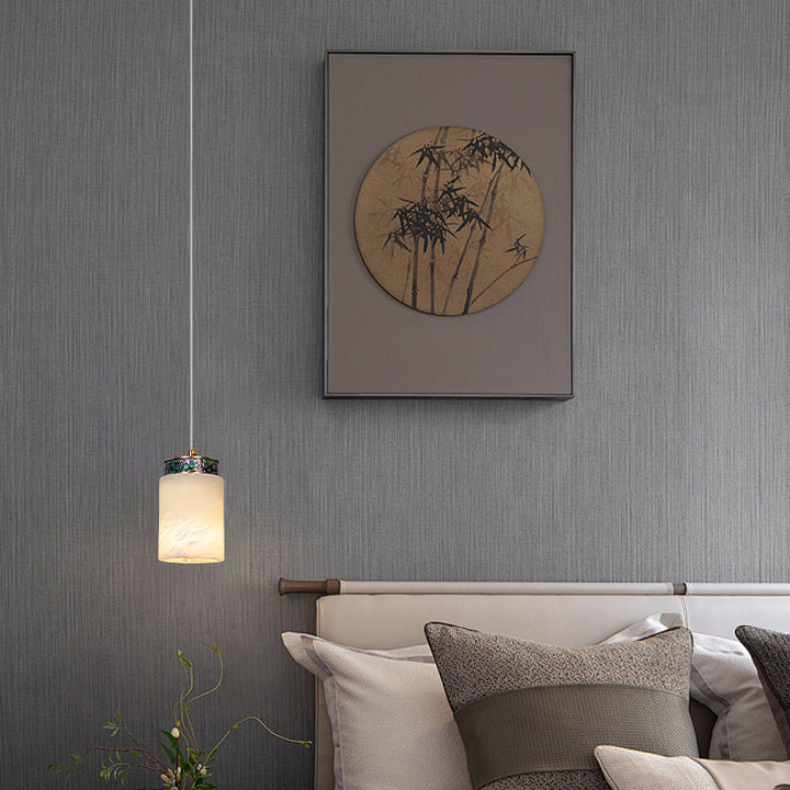 Traditional Chinese Brass Marble Ball Cylinder 1-Light Pendant Light For Bedside