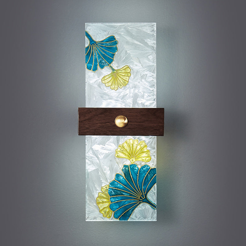 Lámpara de Aplique de Pared LED de Nogal Chino Tradicional de Cobre PVC Esmalte Pintura Rectangular Árbol de Hojas y Olas para el Lado de la Cama 