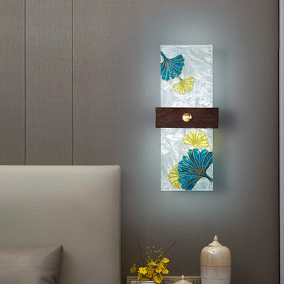 Lámpara de Aplique de Pared LED de Nogal Chino Tradicional de Cobre PVC Esmalte Pintura Rectangular Árbol de Hojas y Olas para el Lado de la Cama 