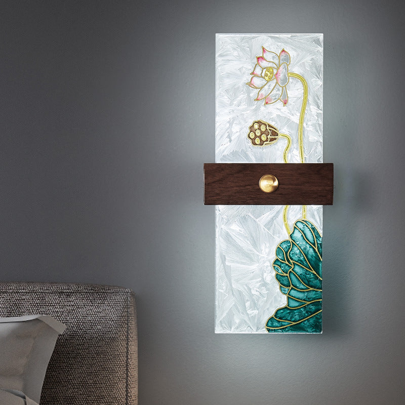 Lámpara de Aplique de Pared LED de Nogal Chino Tradicional de Cobre PVC Esmalte Pintura Rectangular Árbol de Hojas y Olas para el Lado de la Cama 