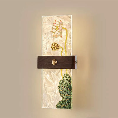 Lámpara de Aplique de Pared LED de Nogal Chino Tradicional de Cobre PVC Esmalte Pintura Rectangular Árbol de Hojas y Olas para el Lado de la Cama 