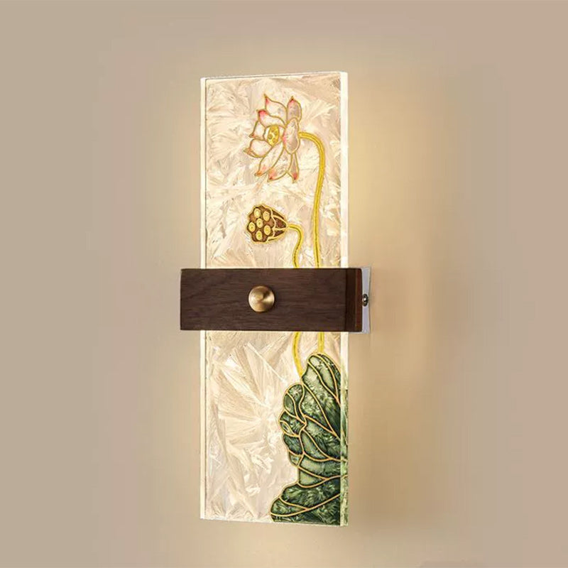 Lámpara de Aplique de Pared LED de Nogal Chino Tradicional de Cobre PVC Esmalte Pintura Rectangular Árbol de Hojas y Olas para el Lado de la Cama 