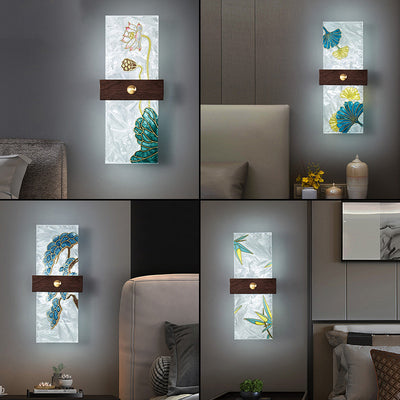 Lámpara de Aplique de Pared LED de Nogal Chino Tradicional de Cobre PVC Esmalte Pintura Rectangular Árbol de Hojas y Olas para el Lado de la Cama 