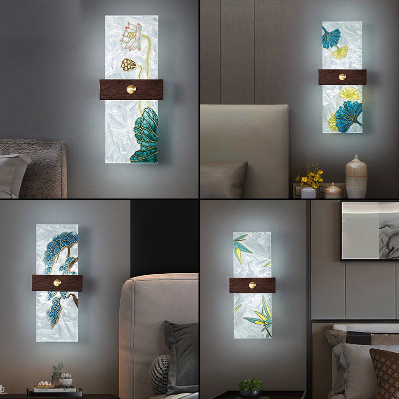Lámpara de Aplique de Pared LED de Nogal Chino Tradicional de Cobre PVC Esmalte Pintura Rectangular Árbol de Hojas y Olas para el Lado de la Cama 