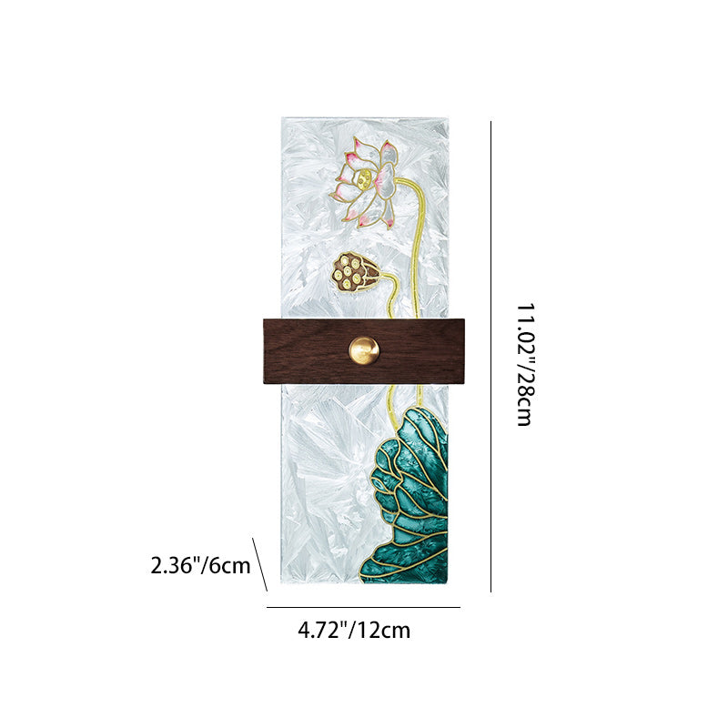 Lámpara de Aplique de Pared LED de Nogal Chino Tradicional de Cobre PVC Esmalte Pintura Rectangular Árbol de Hojas y Olas para el Lado de la Cama 