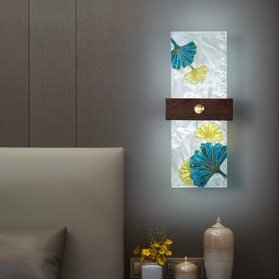 Lámpara de Aplique de Pared LED de Nogal Chino Tradicional de Cobre PVC Esmalte Pintura Rectangular Árbol de Hojas y Olas para el Lado de la Cama 
