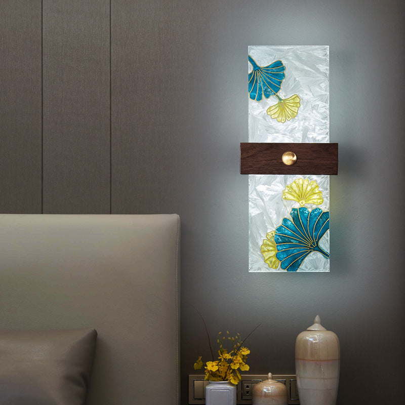 Lámpara de Aplique de Pared LED de Nogal Chino Tradicional de Cobre PVC Esmalte Pintura Rectangular Árbol de Hojas y Olas para el Lado de la Cama 