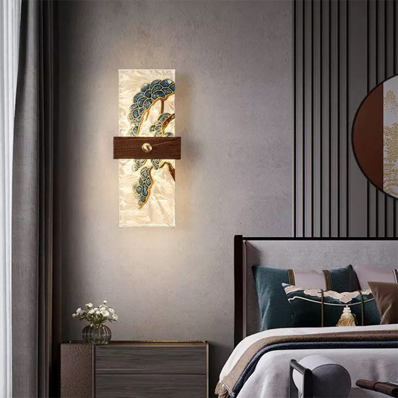 Lámpara de Aplique de Pared LED de Nogal Chino Tradicional de Cobre PVC Esmalte Pintura Rectangular Árbol de Hojas y Olas para el Lado de la Cama 
