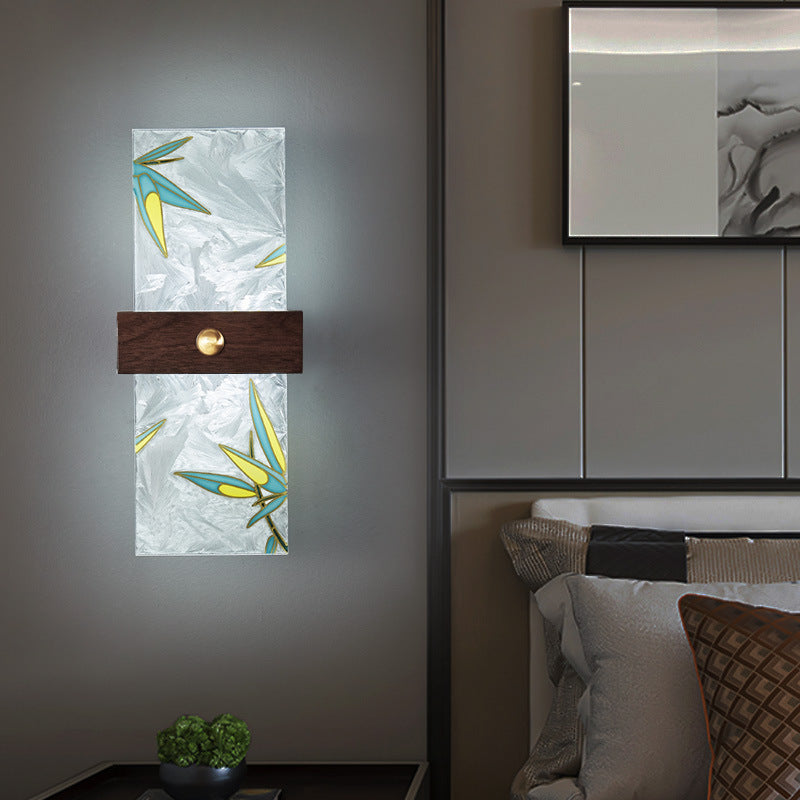 Lámpara de Aplique de Pared LED de Nogal Chino Tradicional de Cobre PVC Esmalte Pintura Rectangular Árbol de Hojas y Olas para el Lado de la Cama 