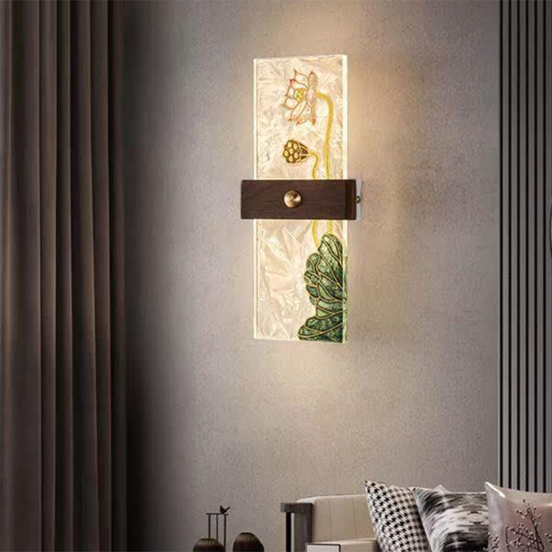 Lámpara de Aplique de Pared LED de Nogal Chino Tradicional de Cobre PVC Esmalte Pintura Rectangular Árbol de Hojas y Olas para el Lado de la Cama 