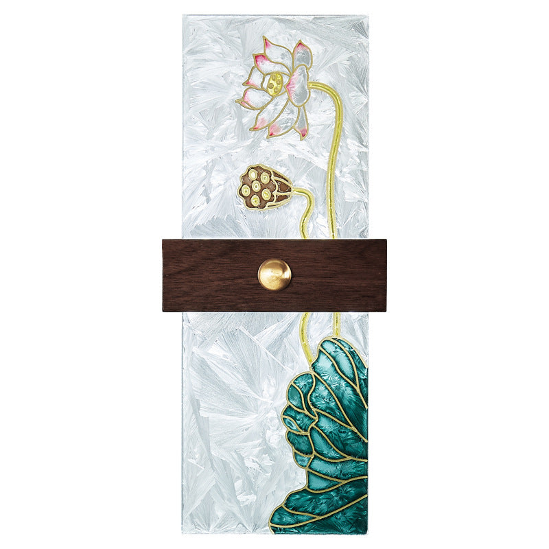 Lámpara de Aplique de Pared LED de Nogal Chino Tradicional de Cobre PVC Esmalte Pintura Rectangular Árbol de Hojas y Olas para el Lado de la Cama 