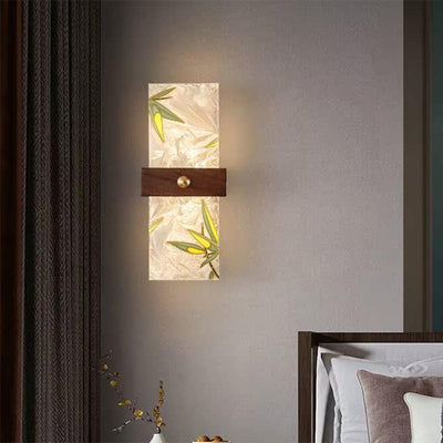 Lámpara de Aplique de Pared LED de Nogal Chino Tradicional de Cobre PVC Esmalte Pintura Rectangular Árbol de Hojas y Olas para el Lado de la Cama 