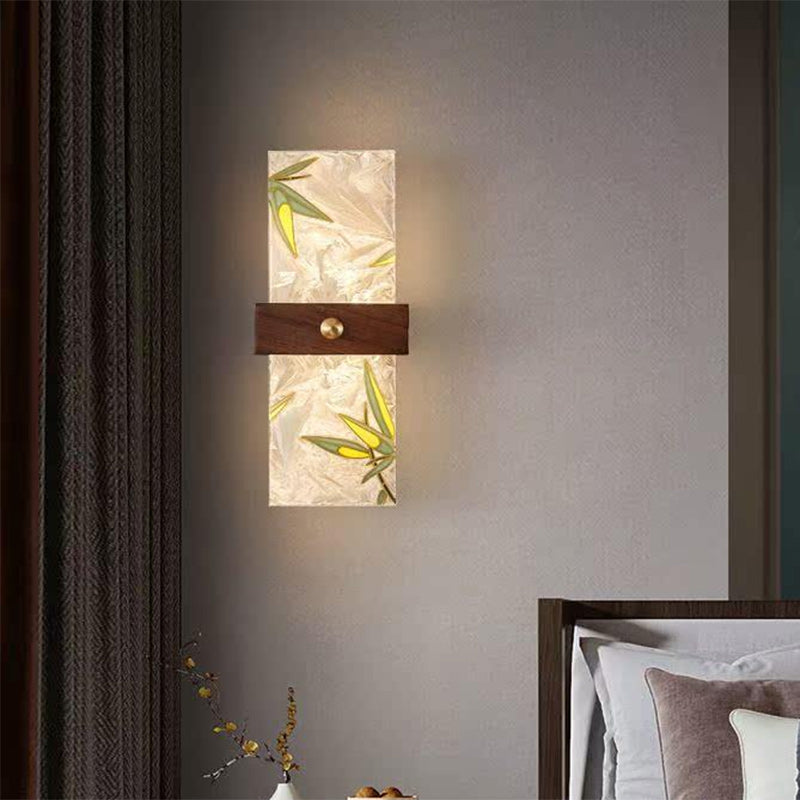 Lámpara de Aplique de Pared LED de Nogal Chino Tradicional de Cobre PVC Esmalte Pintura Rectangular Árbol de Hojas y Olas para el Lado de la Cama 