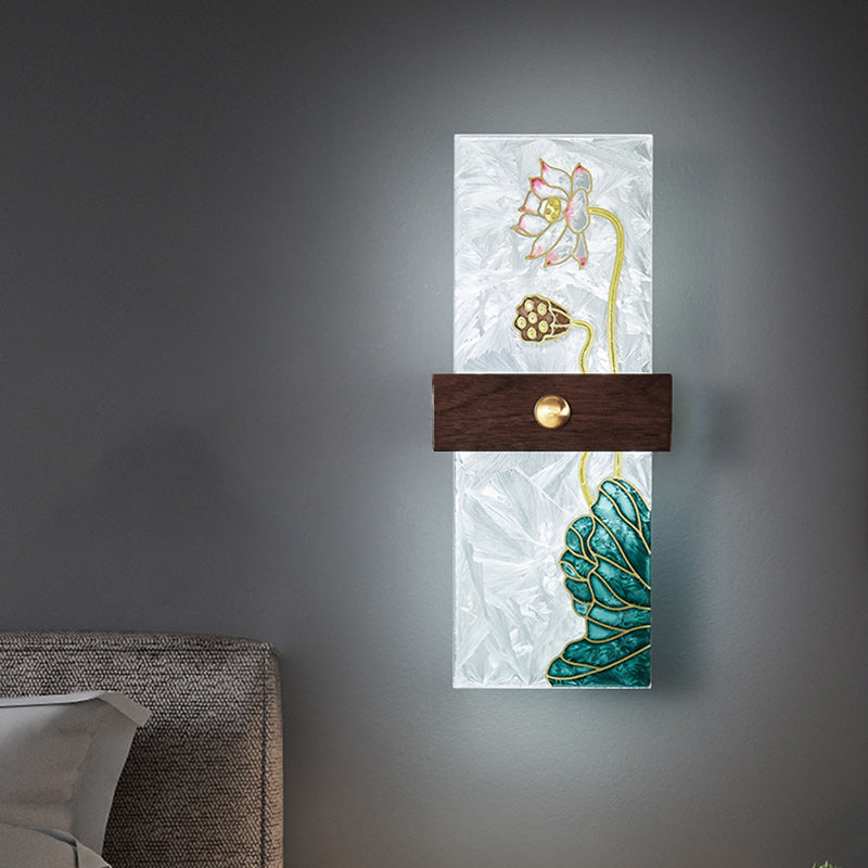 Lámpara de Aplique de Pared LED de Nogal Chino Tradicional de Cobre PVC Esmalte Pintura Rectangular Árbol de Hojas y Olas para el Lado de la Cama 