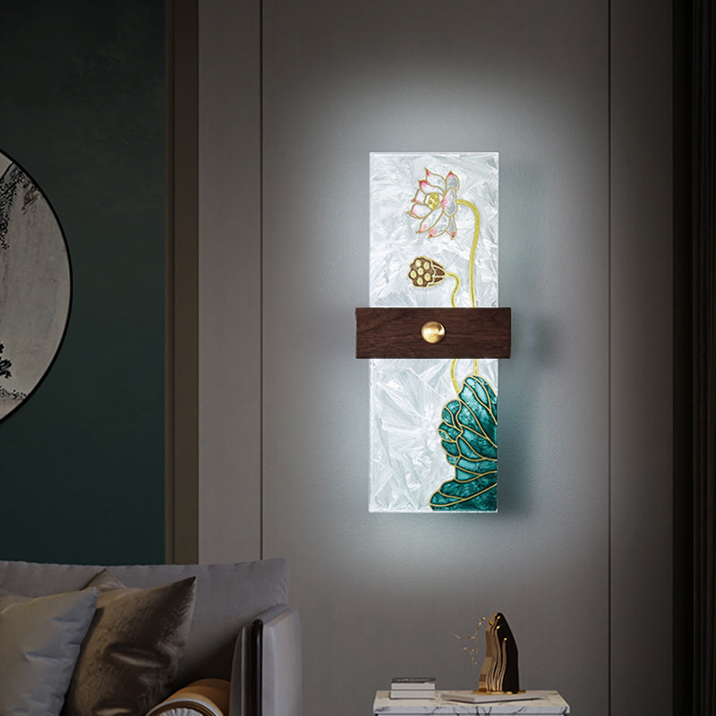 Lámpara de Aplique de Pared LED de Nogal Chino Tradicional de Cobre PVC Esmalte Pintura Rectangular Árbol de Hojas y Olas para el Lado de la Cama 