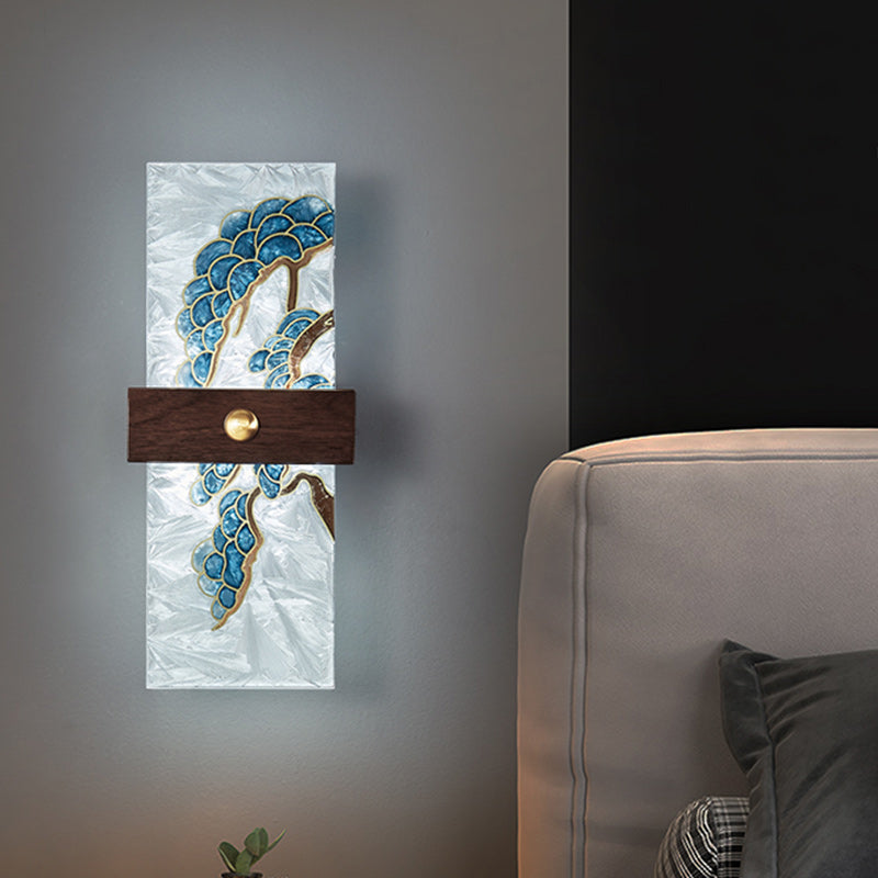 Lámpara de Aplique de Pared LED de Nogal Chino Tradicional de Cobre PVC Esmalte Pintura Rectangular Árbol de Hojas y Olas para el Lado de la Cama 