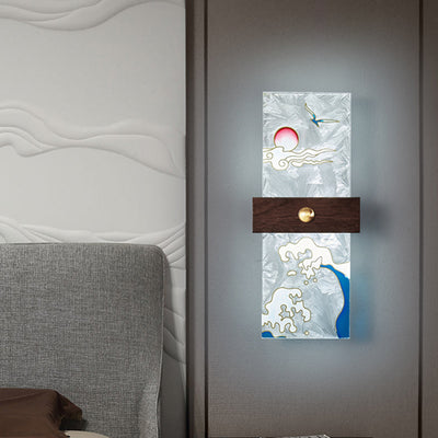Lámpara de Aplique de Pared LED de Nogal Chino Tradicional de Cobre PVC Esmalte Pintura Rectangular Árbol de Hojas y Olas para el Lado de la Cama 