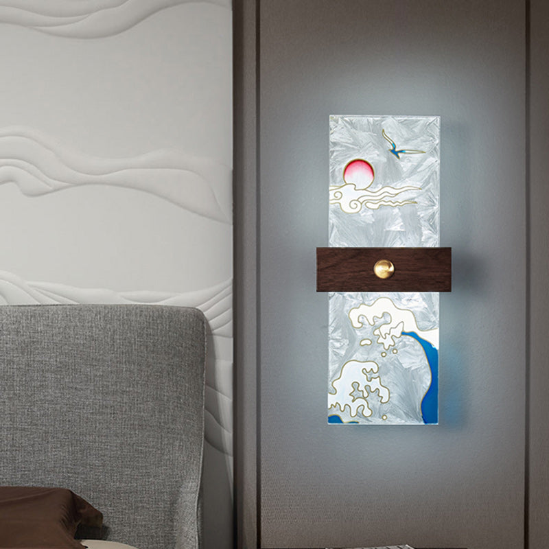 Lámpara de Aplique de Pared LED de Nogal Chino Tradicional de Cobre PVC Esmalte Pintura Rectangular Árbol de Hojas y Olas para el Lado de la Cama 