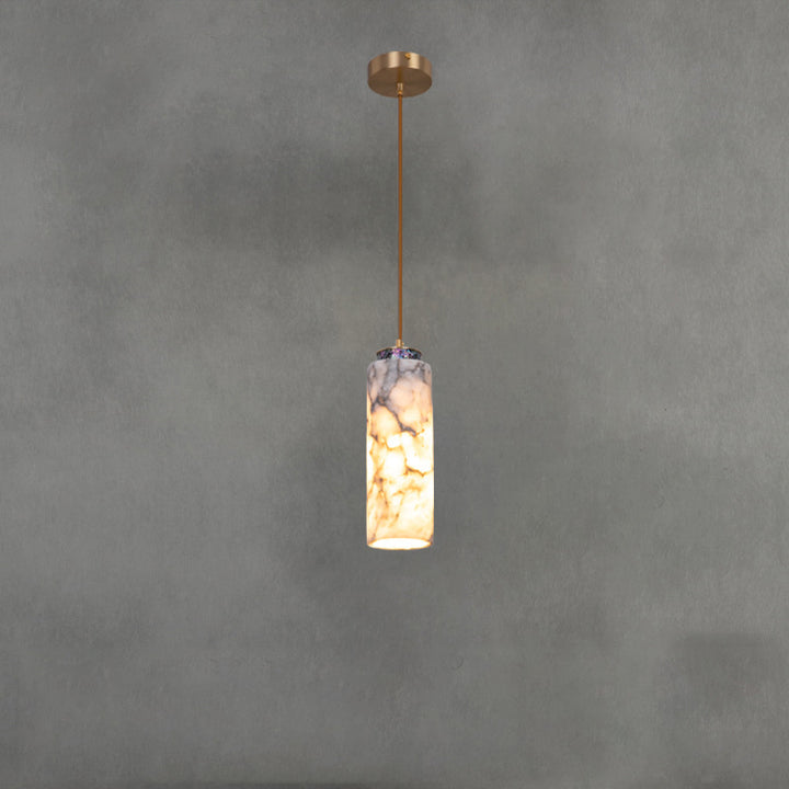 Traditional Chinese Brass Marble Ball Cylinder 1-Light Pendant Light For Bedside