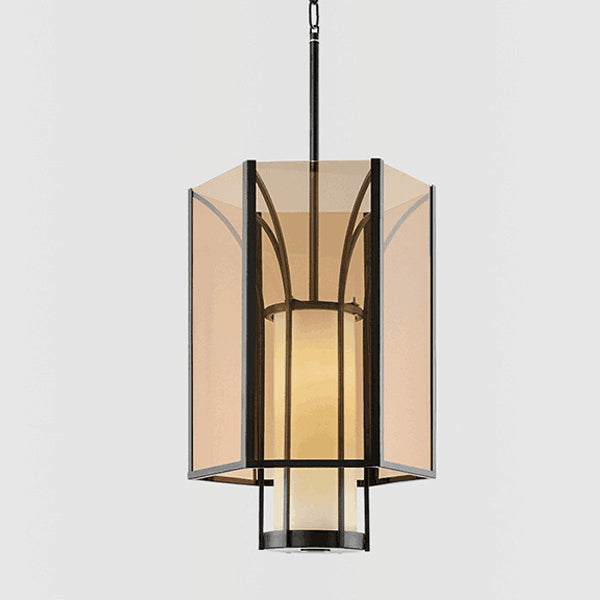 Lanterne cylindrique en verre imitation marbre chinois traditionnel en fer 1-lumière suspension projecteur pour chevet 