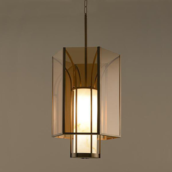 Lanterne cylindrique en verre imitation marbre chinois traditionnel en fer 1-lumière suspension projecteur pour chevet 