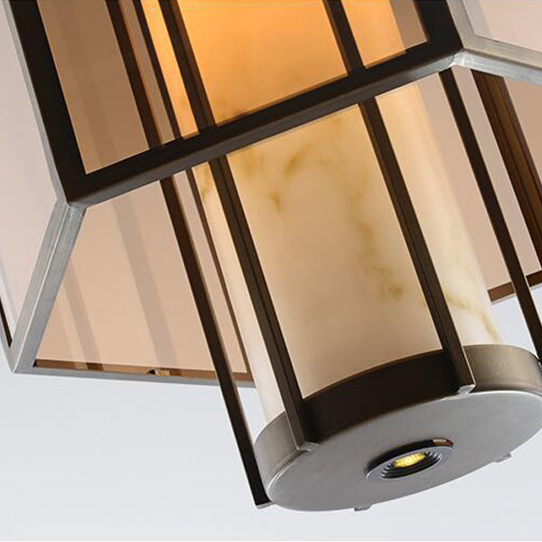 Lanterne cylindrique en verre imitation marbre chinois traditionnel en fer 1-lumière suspension projecteur pour chevet 