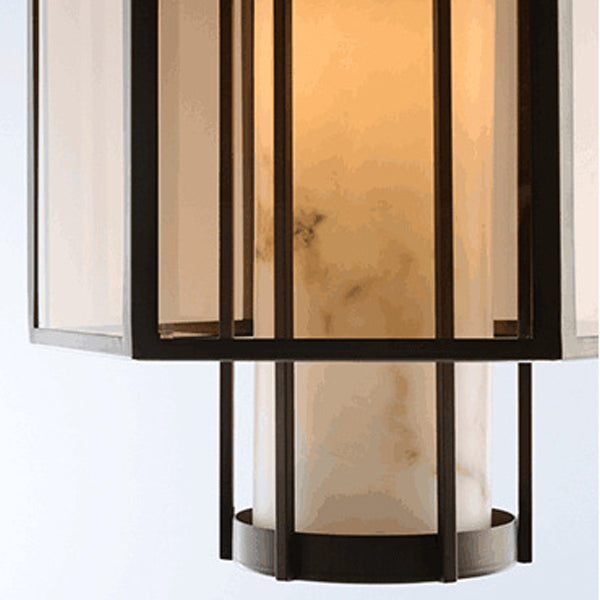 Lanterne cylindrique en verre imitation marbre chinois traditionnel en fer 1-lumière suspension projecteur pour chevet 